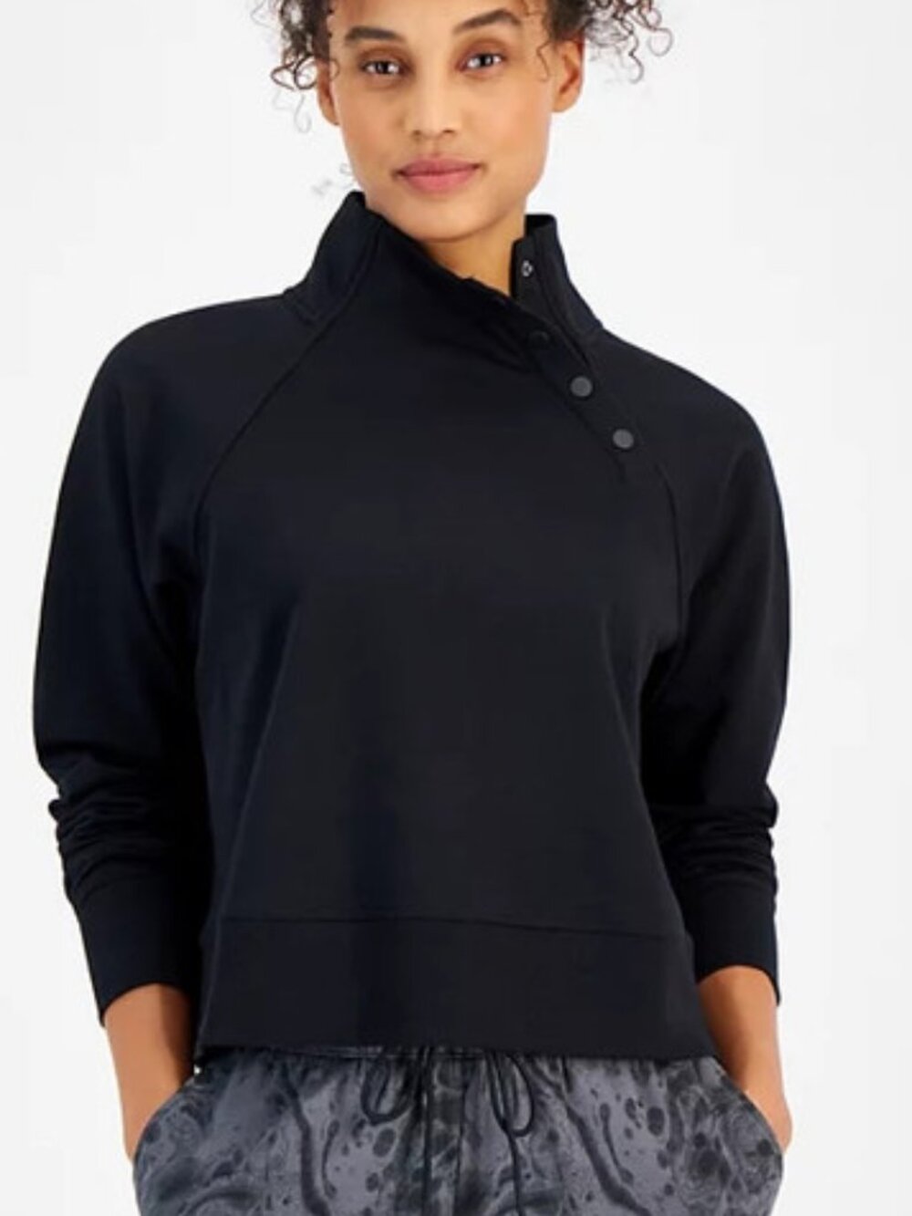 NEW ID Ideology Deep Black Snap Closure Mock Neck Pullover Top Short Length Sz L